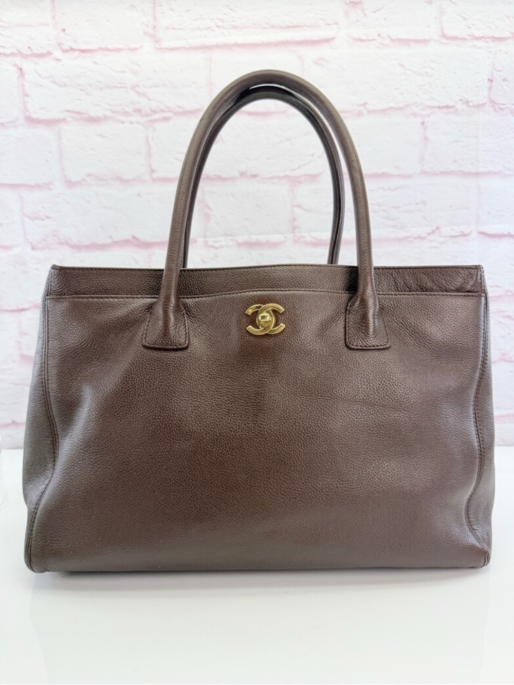 Authentic CHANEL Brown Leather Medium Cerf Tote with Gold CC Logo